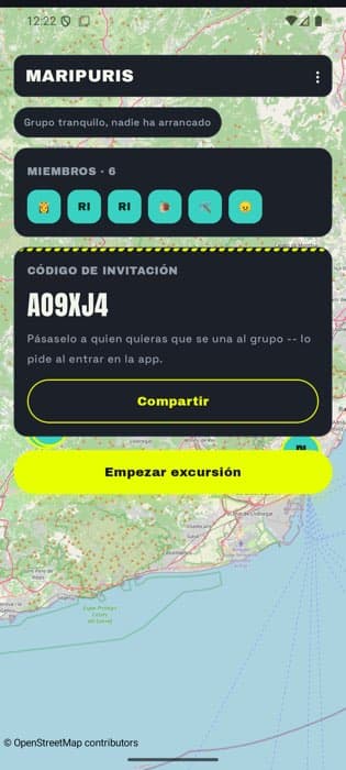 Grupo Maripuris en Reditu, código de invitación y botón Empezar excursión